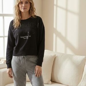 Calvin Klein Black Sequins Sweatshirt Logo Womens Size Medium Loungewear 90s